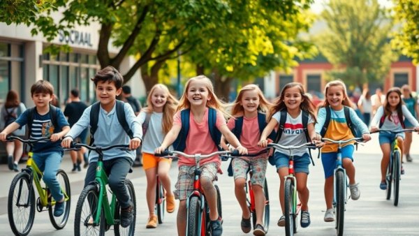 Children with bicycles near school entrance, lively back-to-school scene