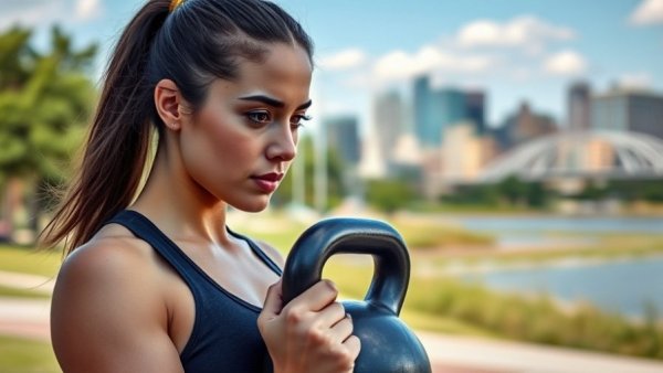 Athletic woman exercising outdoors, kettlebell workout, vibrant sunny day.
