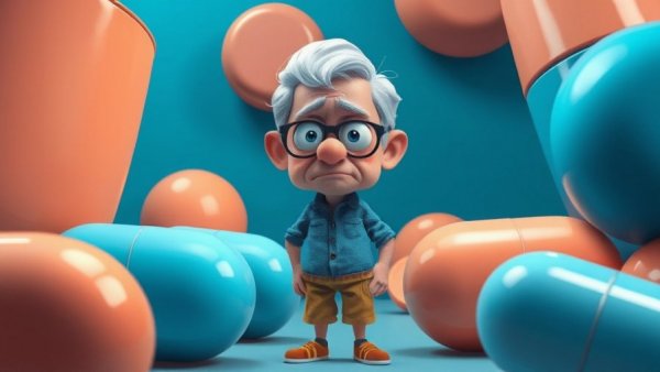 Older adult concerned about overusing medications among colorful pills.