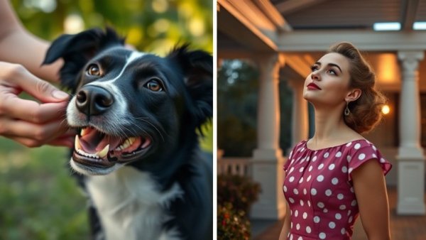 Happy black and white dog enjoying pats, dreamy woman gazing, vancouver pets