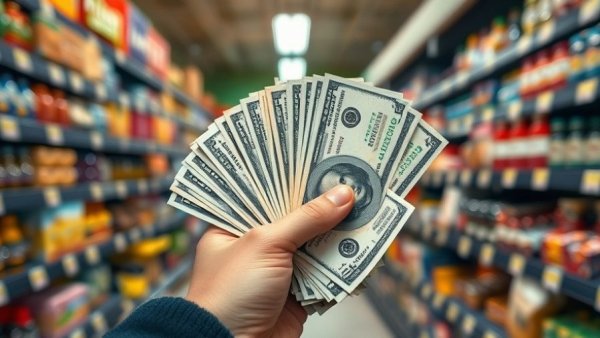 Hand holding hundred-dollar bills in a grocery store aisle, symbolizing investment choices.