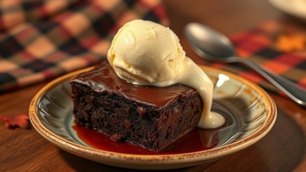 Delicious low-effort fall dessert: chocolate brownie with ice cream.