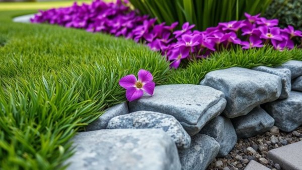 Modern garden landscape with grass, rocks, and flowers, Vancouver home renovation.