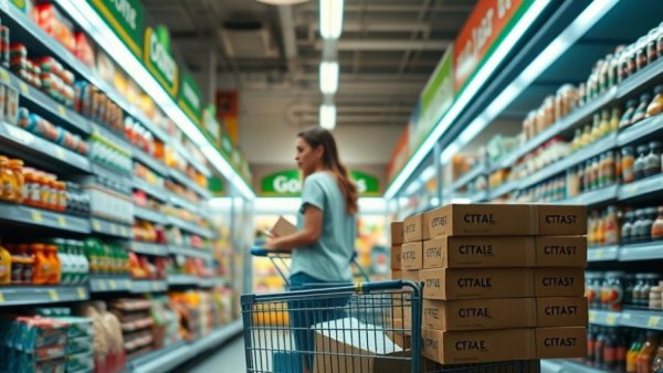 Grocery store worker arranging shelves, showcasing grocery bills impact.