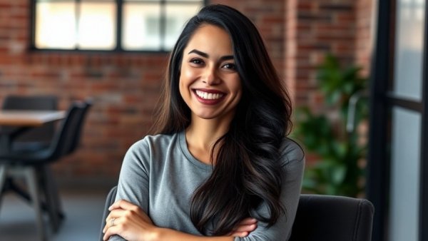 Confident woman smiling in modern indoor setting, buying local in Canada.