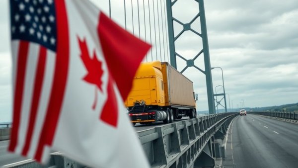 Yellow truck on bridge with blurred U.S. flag, symbolizing trade tariffs.