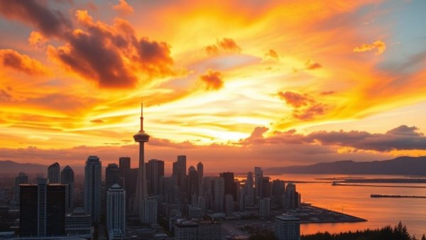 Breathtaking Vancouver cityscape at sunset highlighting tech hub.