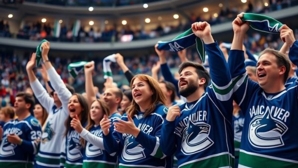 Vancouver Canucks fans cheering in stadium, waving towels.