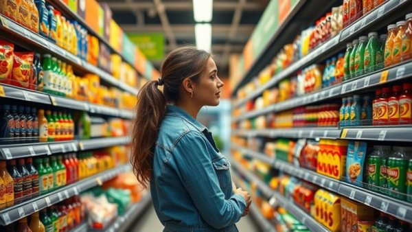 Woman shopping for ultra-processed foods and muscle health considerations.