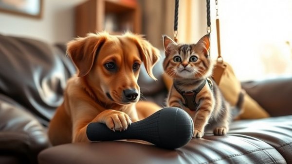 Vancouver pets in funny settings: dog with toy and cat in harness.