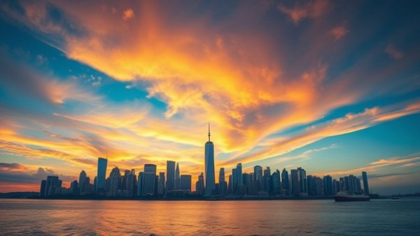 Stunning sunset view of Canadian city skyline with ocean and ships.