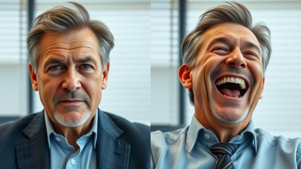Man's reaction before and after clever jokes for families.