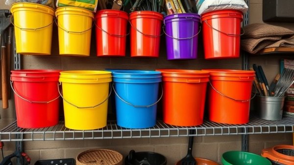 Colorful buckets and gardening tools on a shelf for DIY pumpkin planter.
