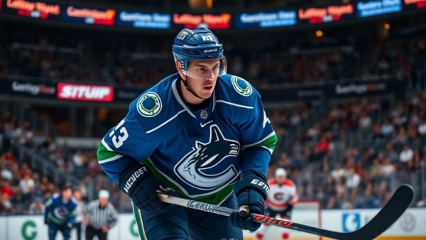 Vancouver Canucks player in action on the ice, focused and intense.