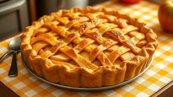 Golden lattice crust apple pie on checkered tablecloth, fall potluck desserts.