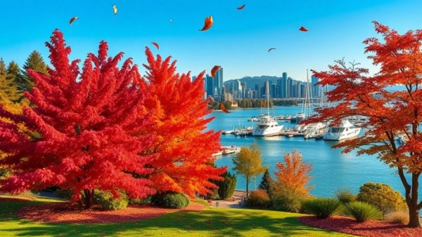 Tranquil autumn scene in Vancouver BC with marina and fall foliage, ideal for events.