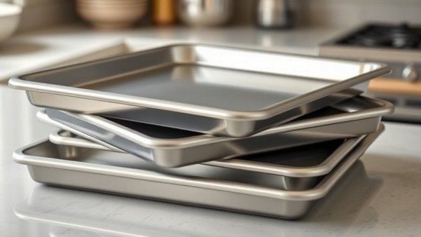 Shiny metallic baking sheets stacked, ideal for family cooking.
