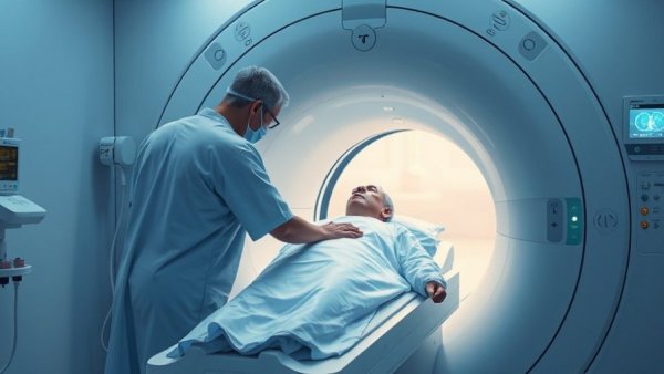 Person in hospital gown with MRI machine, linked to pancreatic cancer family history