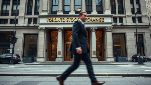 Blurred figure in front of Toronto Stock Exchange representing stock market decline in Canada.