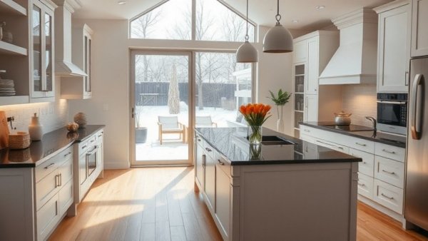 Modern kitchen with dark granite countertop and white cabinets in a stylish home improvement in Vancouver.
