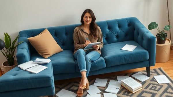 Relaxed woman in denim on blue sofa surrounded by papers.