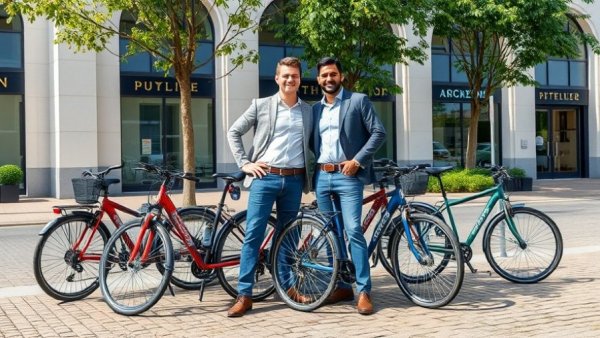 Victoria bike rental competition: Two men with rental bikes outside.
