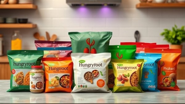 Colorful Hungryroot meal kits and snacks arranged on a counter.