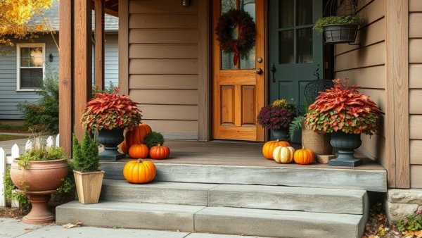 Rustic porch with potted plants and fall decor in Vancouver home improvement setting.