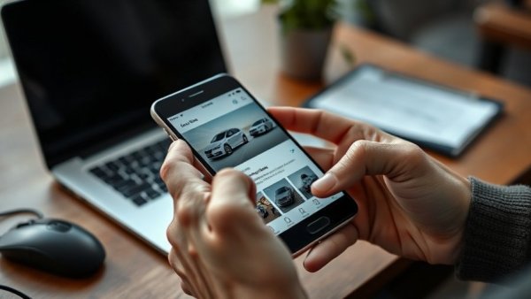 Browsing online car listings on smartphone, used car online scams