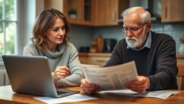Middle-aged woman and senior man reviewing financial power of attorney documents.