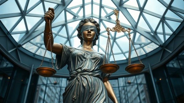 Majestic justice statue with scales in Vancouver atrium for business news