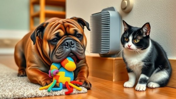 Playful bulldog and content cat with toys in cozy home.