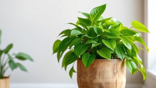 Healthy pothos plant care in wooden pot indoors.