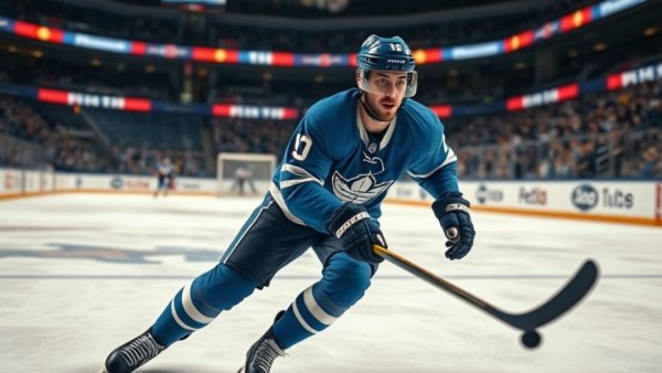 Hockey player in blue jersey, focused during game, vancouver news.