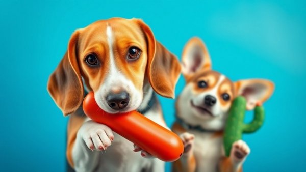 Vancouver pets playing with toys: a beagle and a corgi having fun.