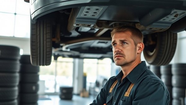 Mechanic inspecting car on lift in garage for repair cost vs value