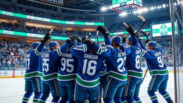 Vancouver Canucks celebrating on the ice rink