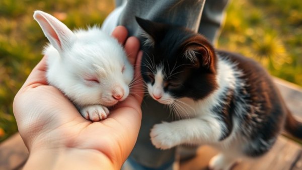 Wholesome moments featuring a fluffy bunny and affectionate cat.