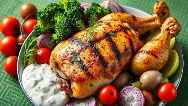 Vibrant Greek chicken dish with vegetables on a patterned plate.