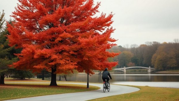 Vancouver park with cyclist and autumn leaves reflecting tranquil tech vibe.