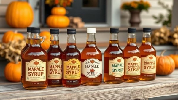 Assorted maple syrup bottles on porch; best maple syrup for families.