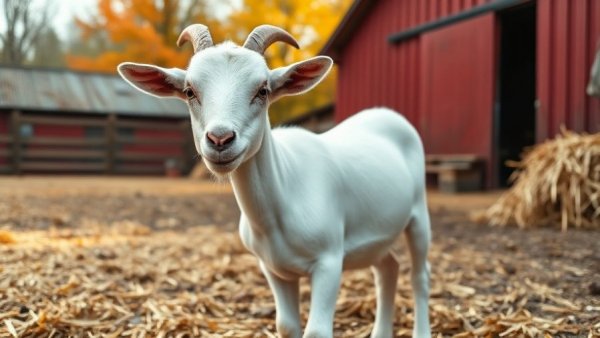 Goat in barnyard with red barn, farm animal personality match.