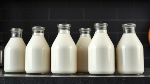 Milk jugs lined up on a dark countertop