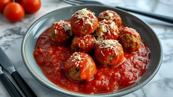 Easy ground beef dinners with meatballs and tomato sauce on blue plates.