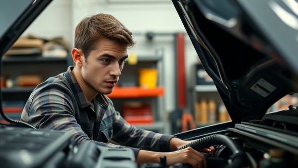 Young man working on car engine in garage, DIY car maintenance savings scene.