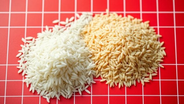 Basmati or Jasmine Rice comparison on grid background.