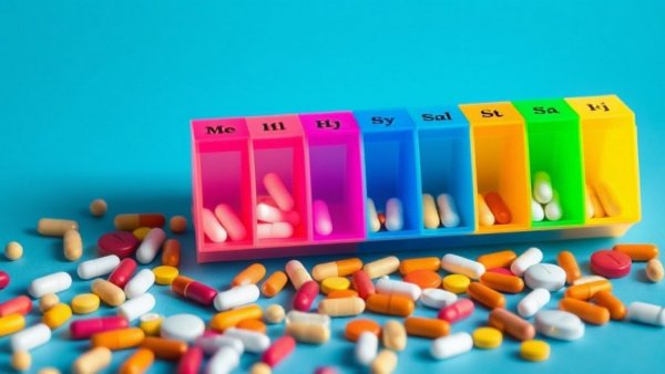 Colorful weekly pill organizer with assorted pills for Medicare Part D quiz.