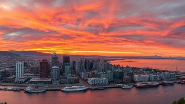 Breathtaking Vancouver sunset cityscape with ocean, vibrant skyline.