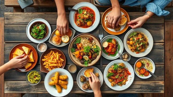 People enjoying diverse dishes at a rustic dining table.