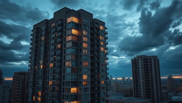 Modern high-rise building with glowing windows in Canada.